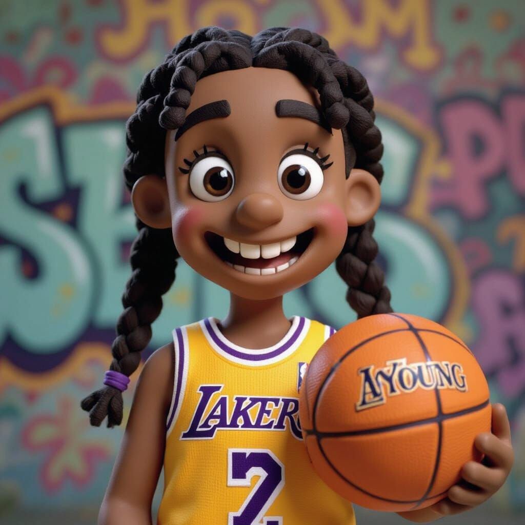 Claymation Boy in Lakers Jersey Holding Basketball