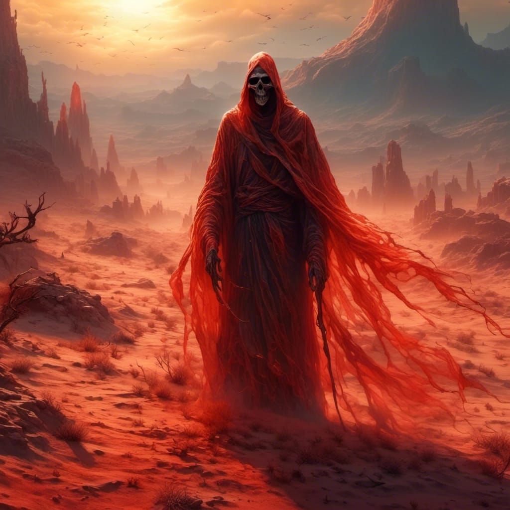 Ethereal Grim Reaper in Scorching Desert Landscape