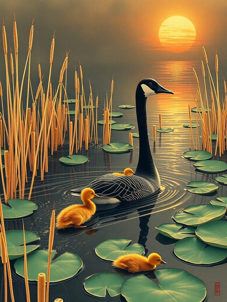 Ancient Japanese Scene of Baby Geese in Golden Light