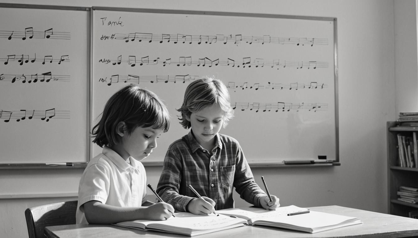 Two Children Compose Music on a Whiteboard in a Calm Classro...