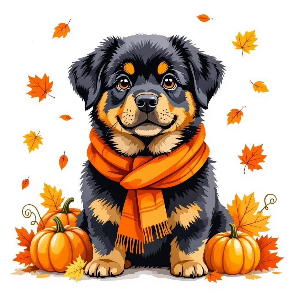Rottweiler in Autumn Leaves: Whimsical Digital Illustration