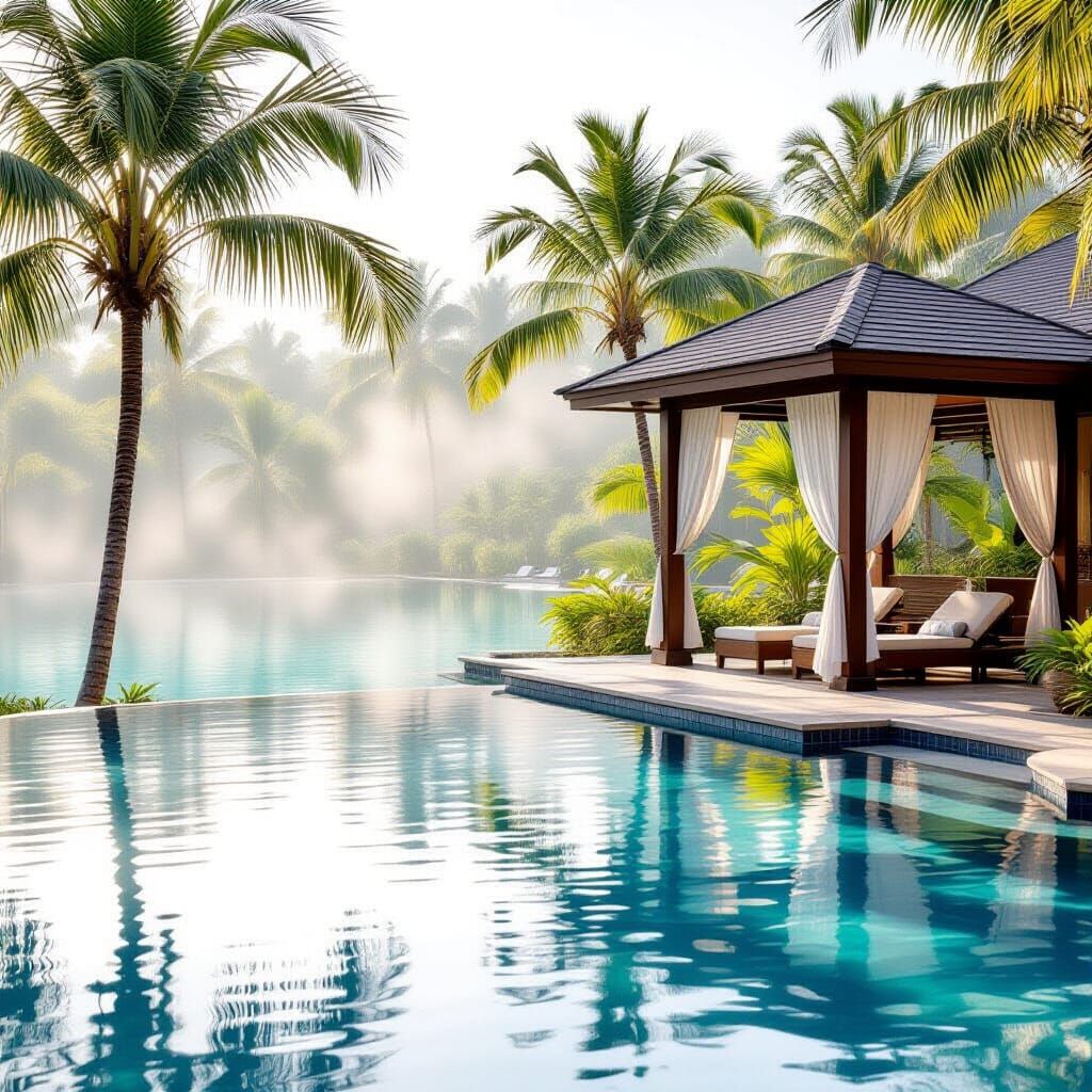 Dreamy Morning Mist Over Poolside Cabana
