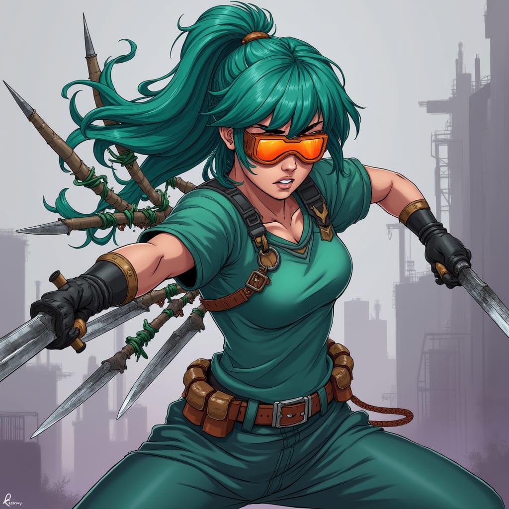 Dynamic Green-Blue Haired Warrior in Anime Style