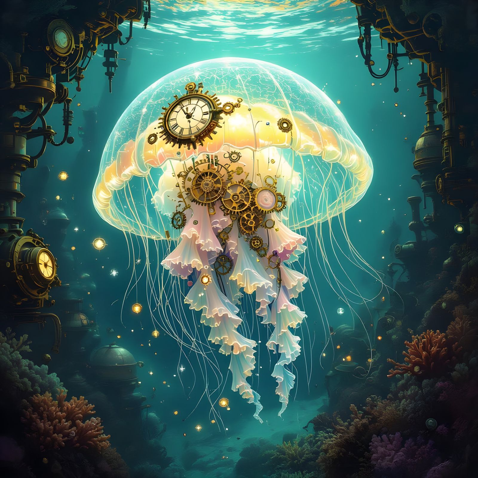 Bioluminescent Steampunk Jellyfish in Art Nouveau Style