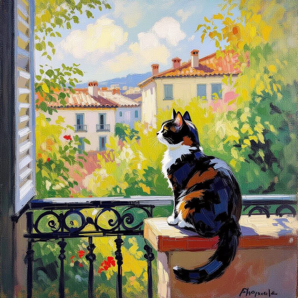 Cat Basking on Balcony: An Impressionistic Oil Painting