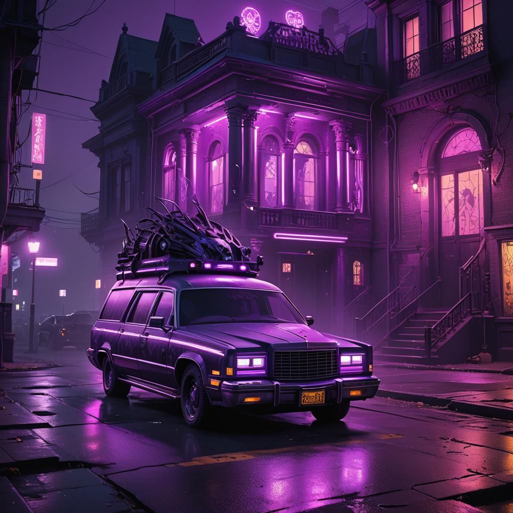 Neon Purple Hearse in Cyberpunk Mansion Setting
