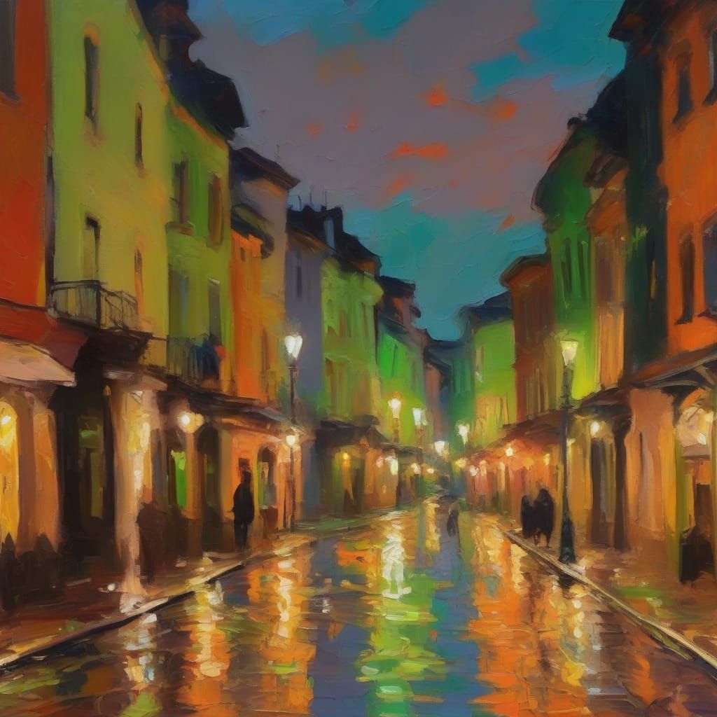 Expressionist Cityscape with Neon Lights in Fauvist Style