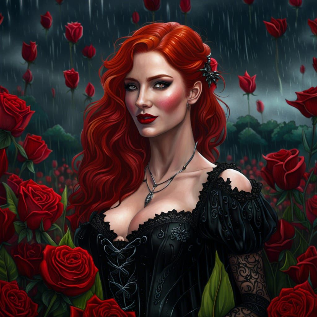 Redhead Vampire in Roses During Heavy Rain