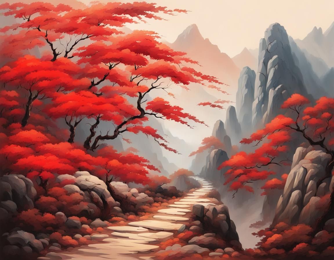 Mountain Path Through Red Maple Forest