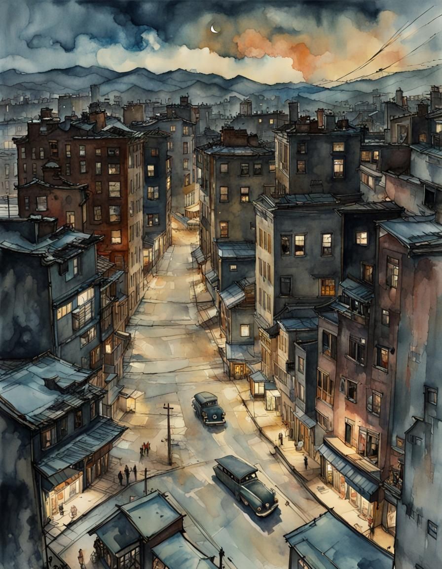 Urban Cityscape in Watercolor Style