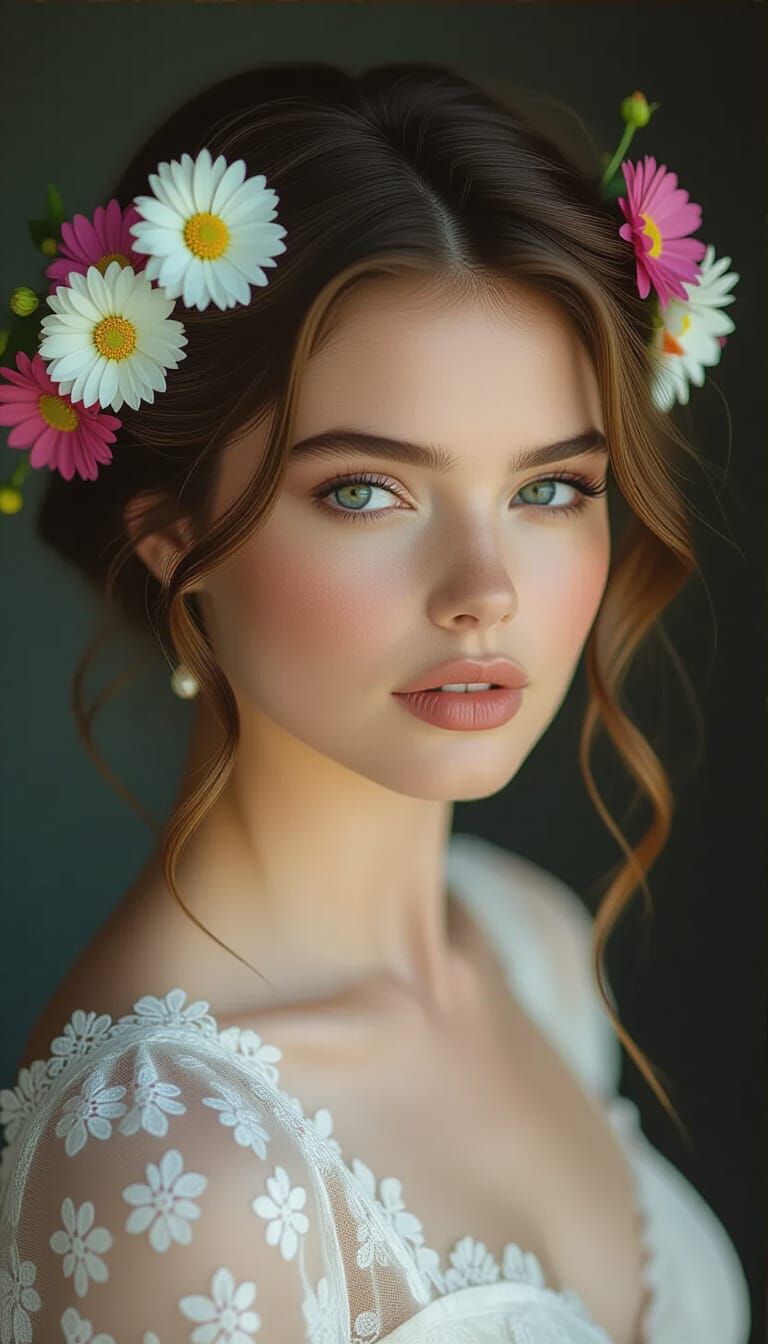 Photorealistic Portrait of Woman with Flowers, Cinematic Sty...