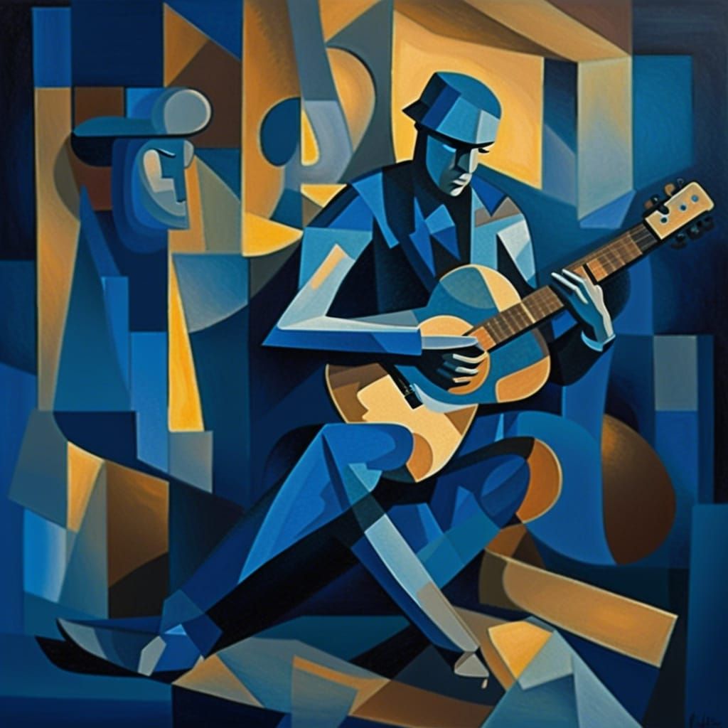 Cubist Blues Guitarist in Blue Period Style