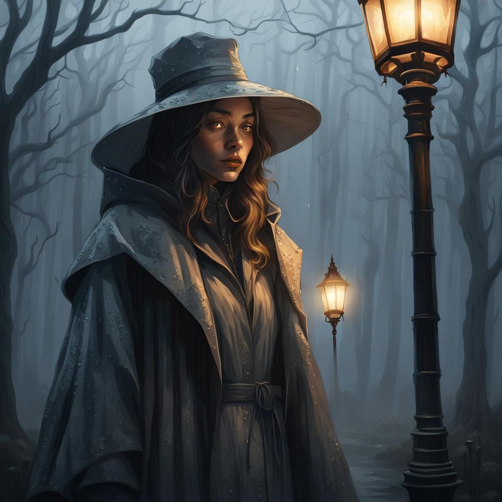 Girl in Foggy Dark Fantasy Landscape