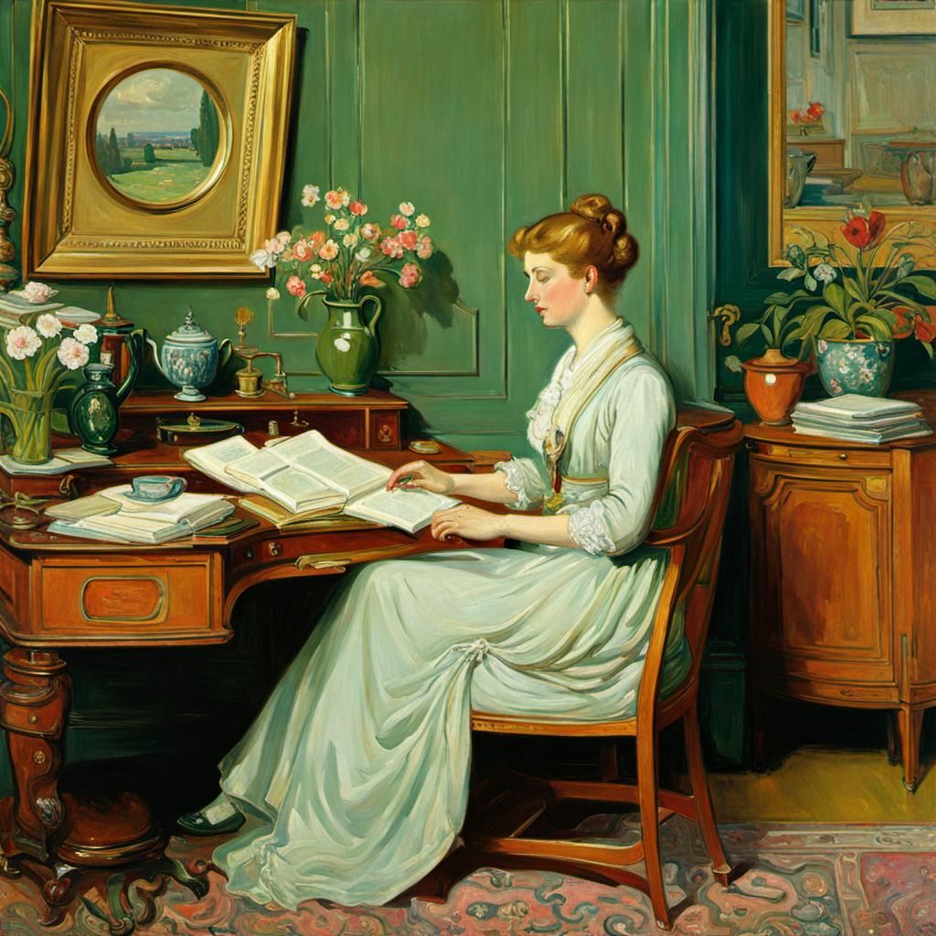 Woman at Desk in Art Nouveau Style