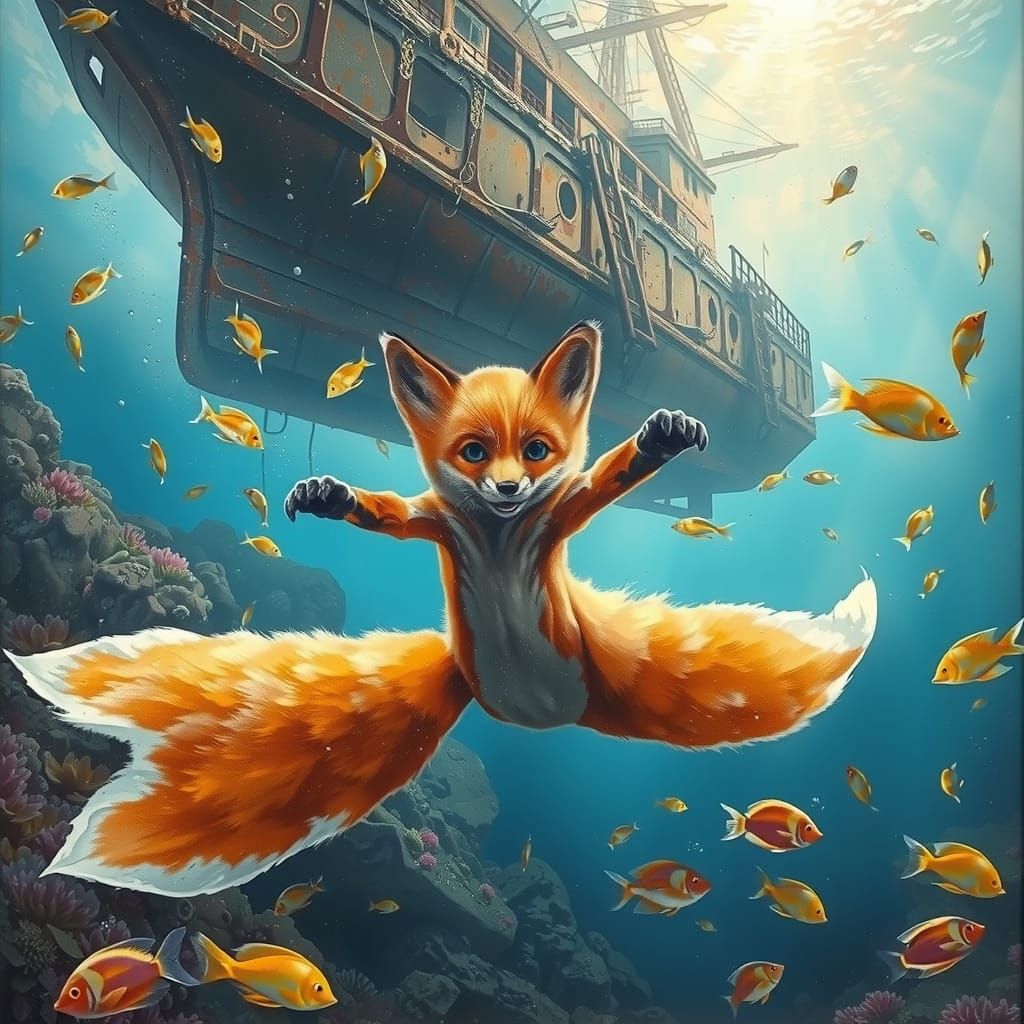 Mermaid Fox Cub Dives into Sunken Shipwreck in Vibrant Under...