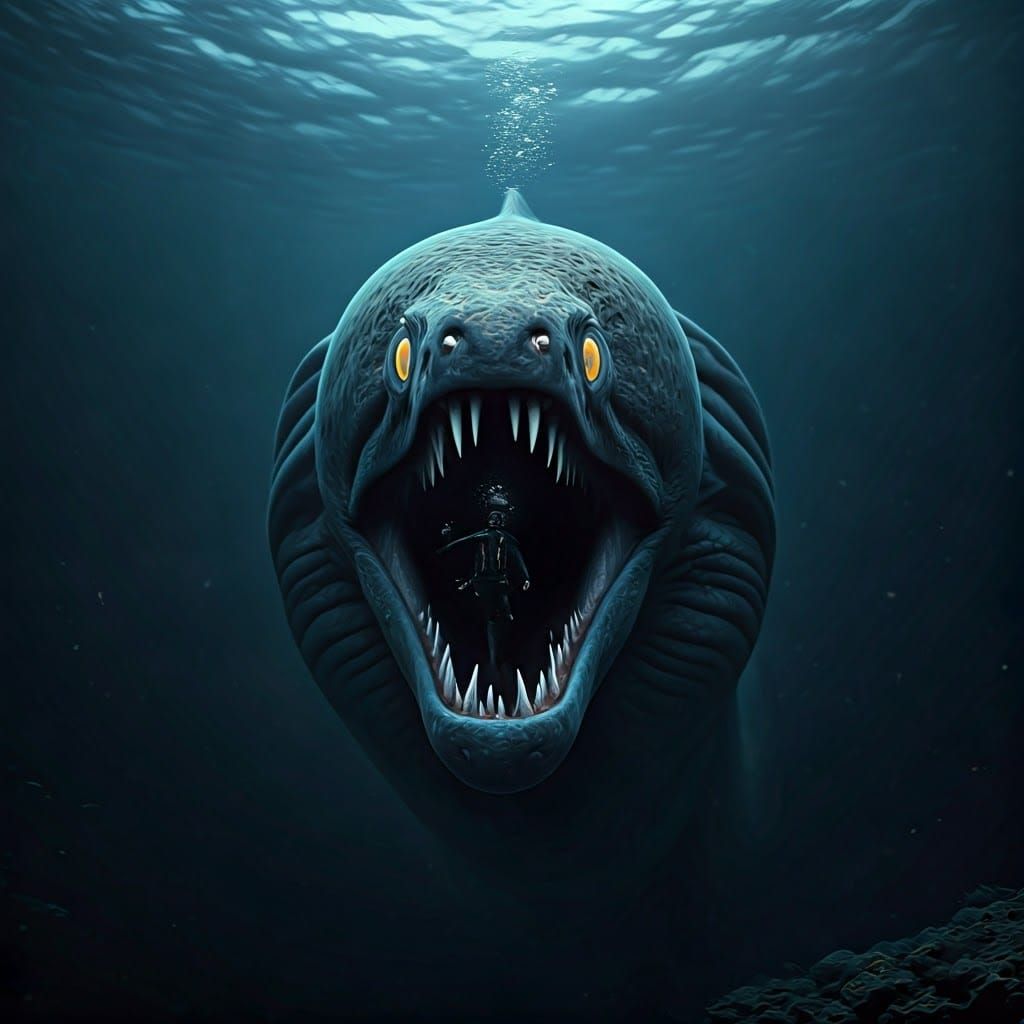Hyperrealistic Moray Eel Sea Monster in Challenger Deep