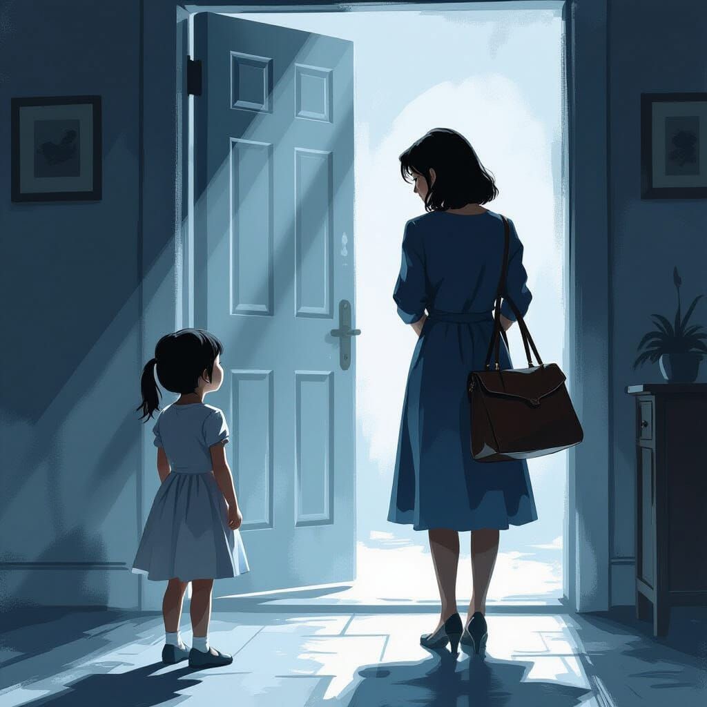 Panicked Mother Enters Home, Seen by Daughter in Digital Art