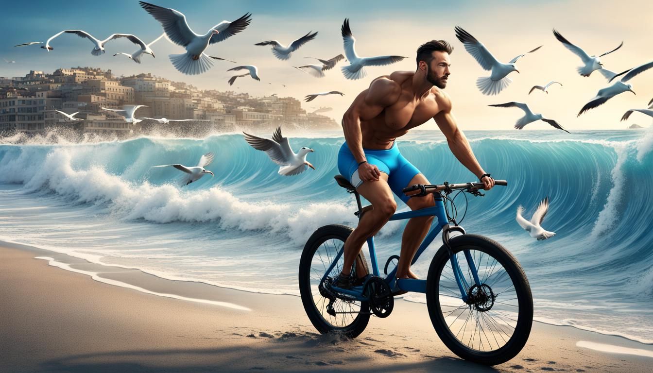 Man in Swimsuit Rides Bike on Beach, Digital Art
