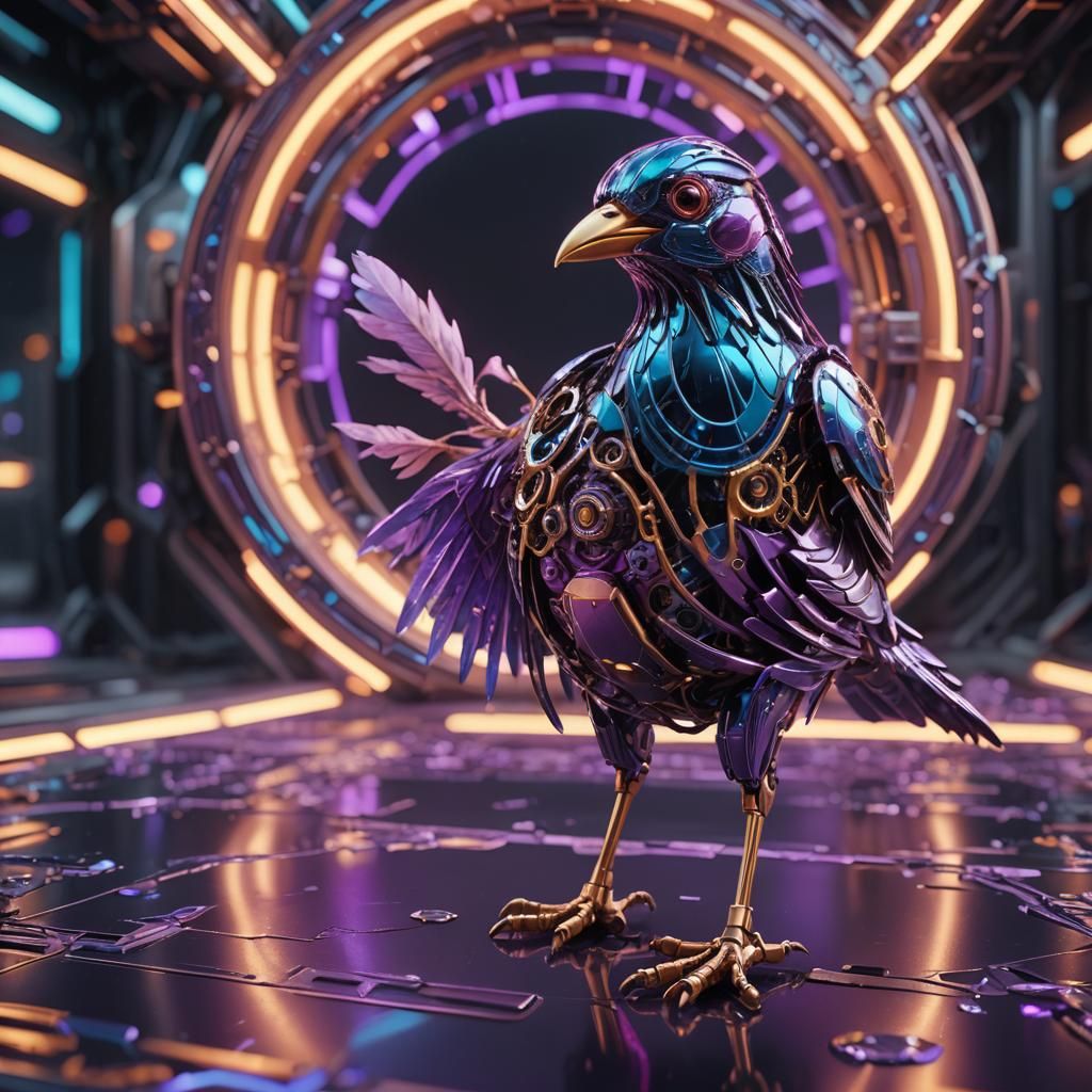 Mechanical Bird in Sci-Fi Cityscape