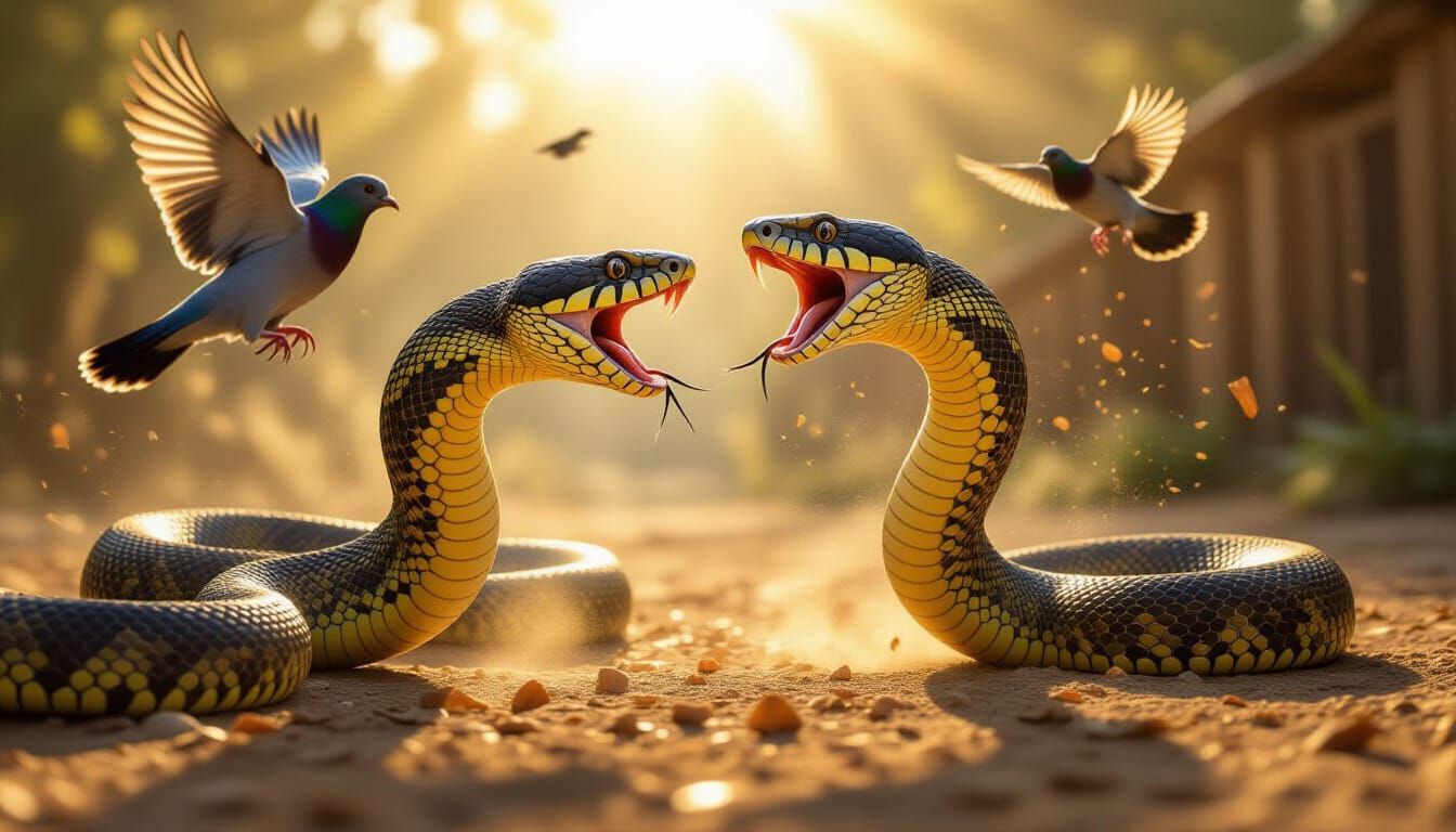 Cinematic Snakes Lunge at Pigeon in Dramatic Sunlight