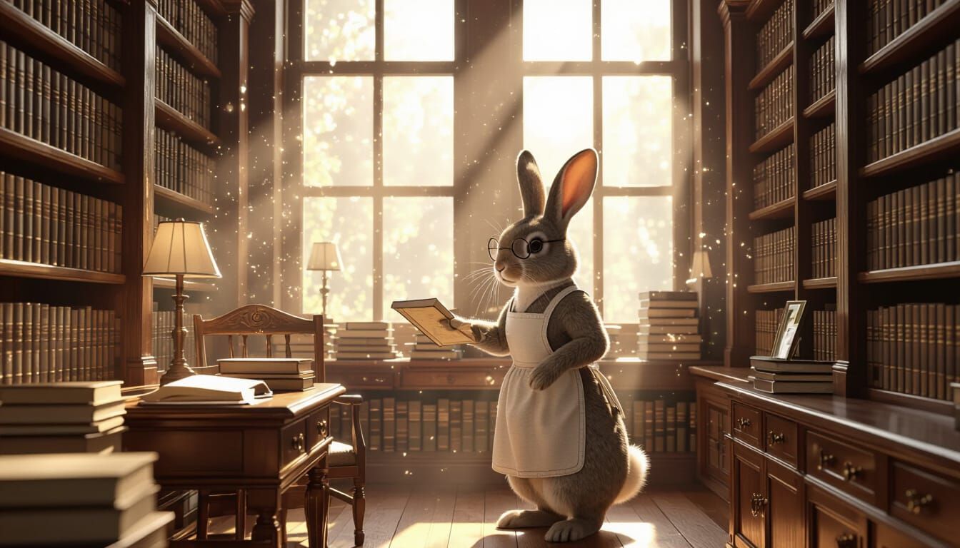 Rabbit Librarian in Tidy Victorian Library