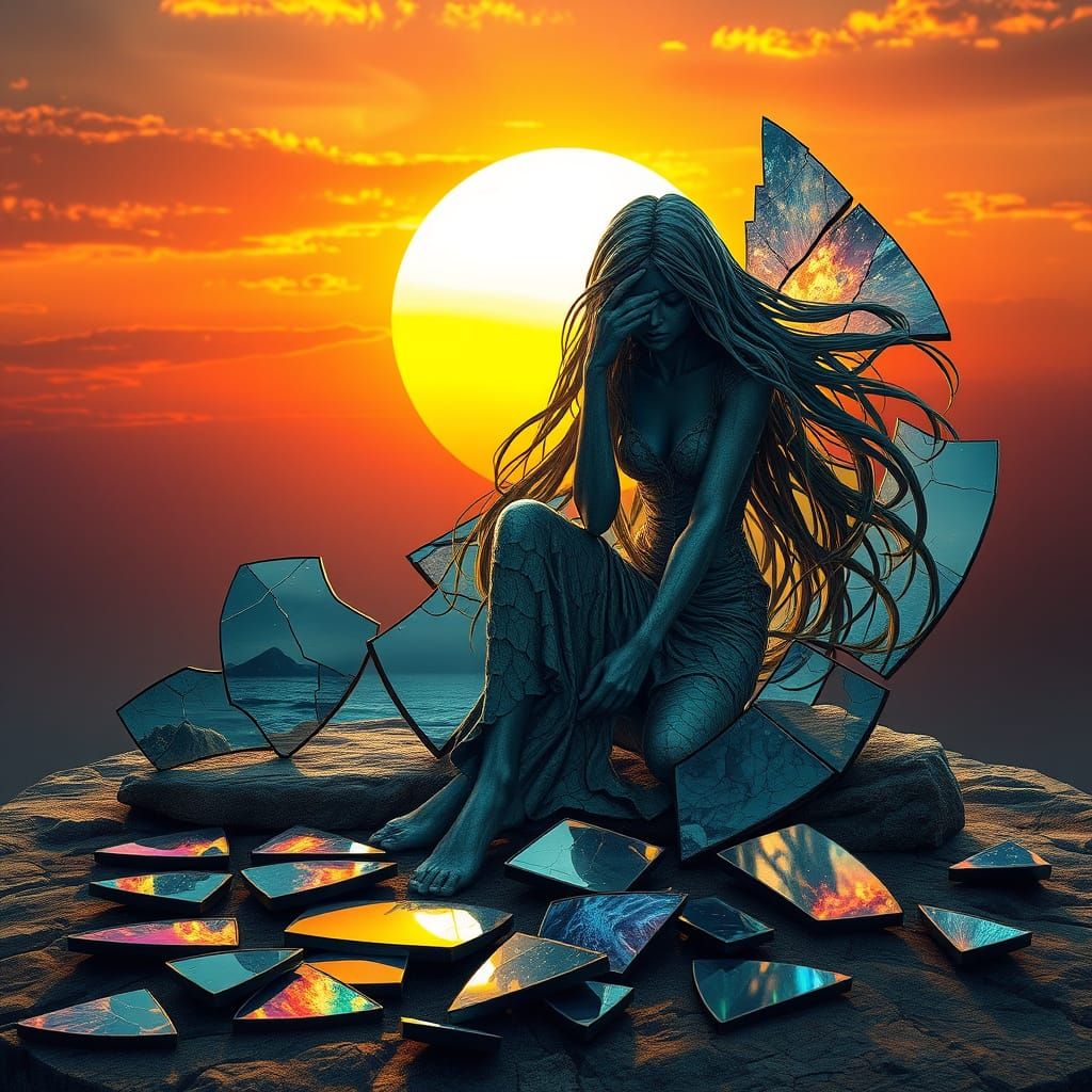 Surreal Fragmented Sculpture of Woman at Sunset