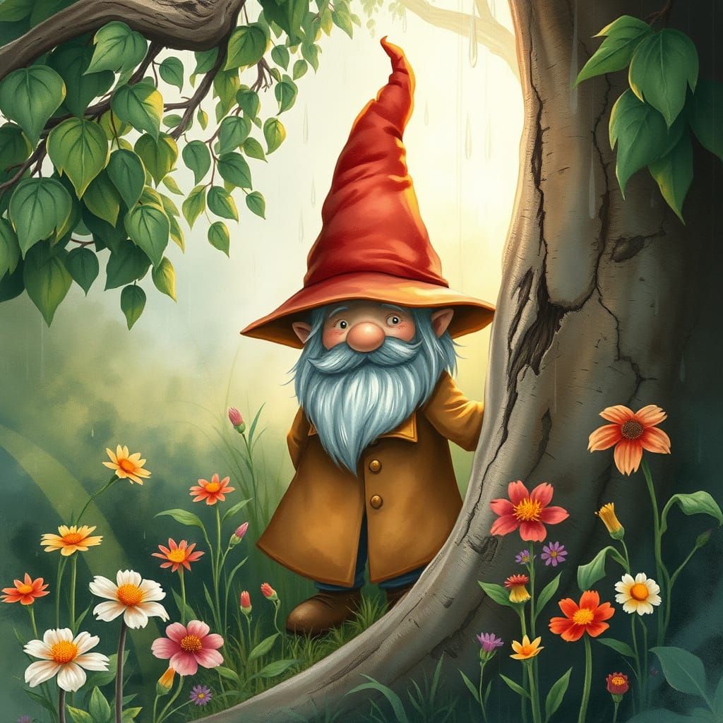 Whimsical Gnome Hides Behind a Gnarled Tree in a Rainy Garde...