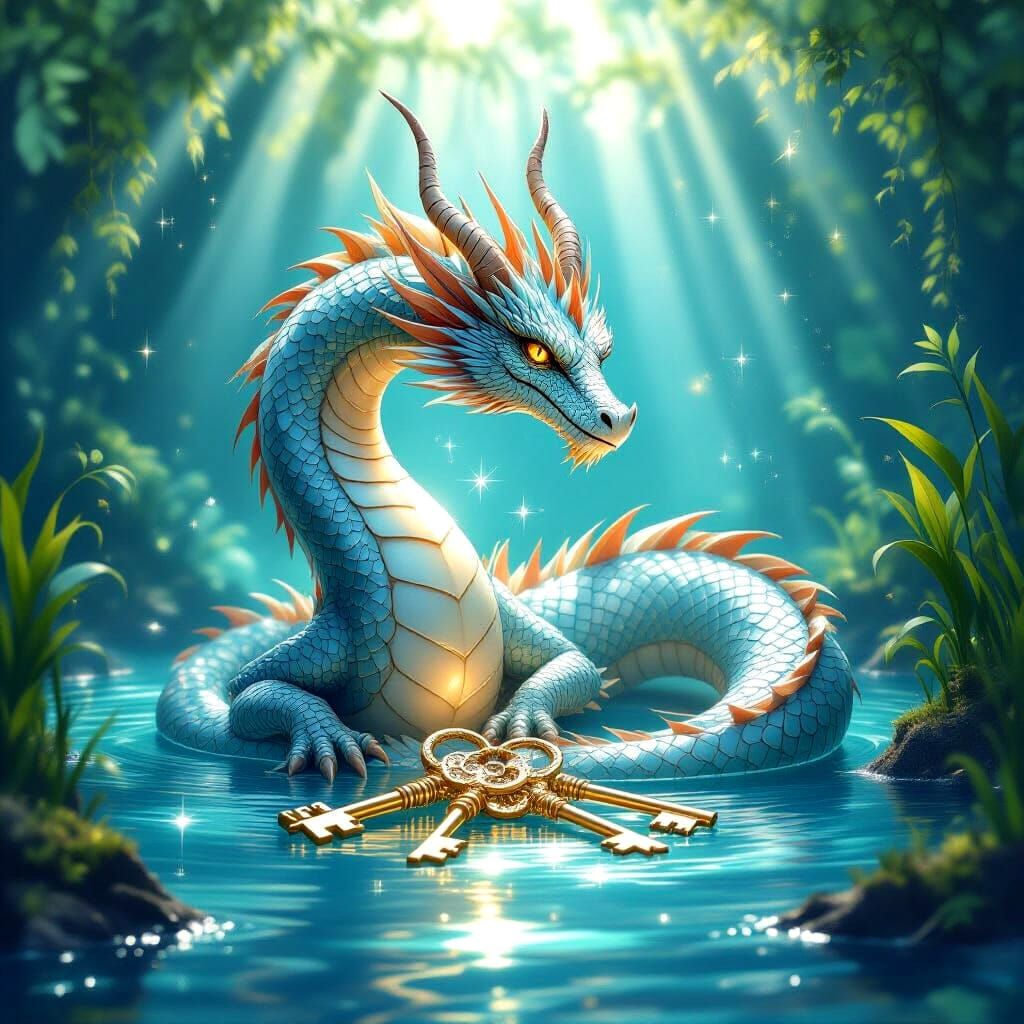 Dragon Guarding Glowing Keys in Enchanted Lake