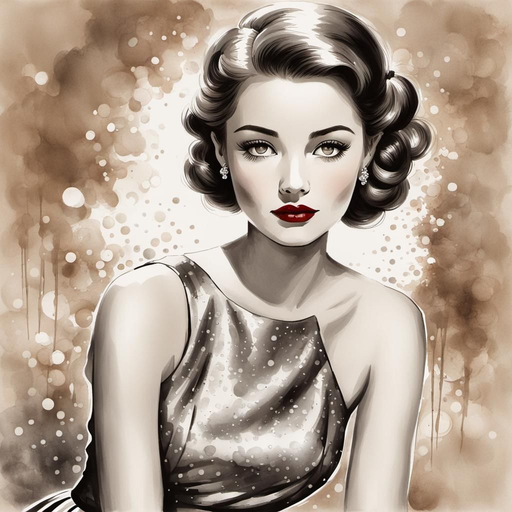 1950s Girl Portrait in Sumi-e Style