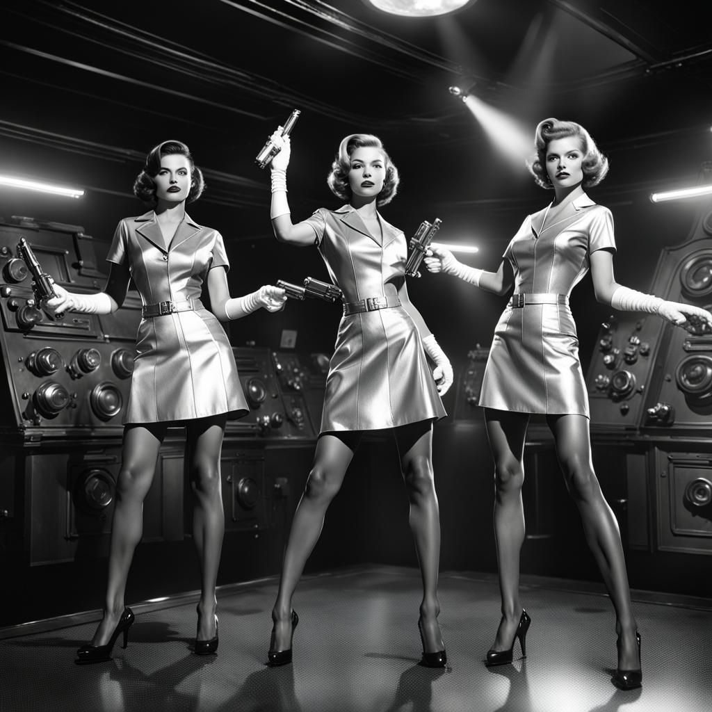 Retro Sci-Fi Women Warriors in Silver, Black and White