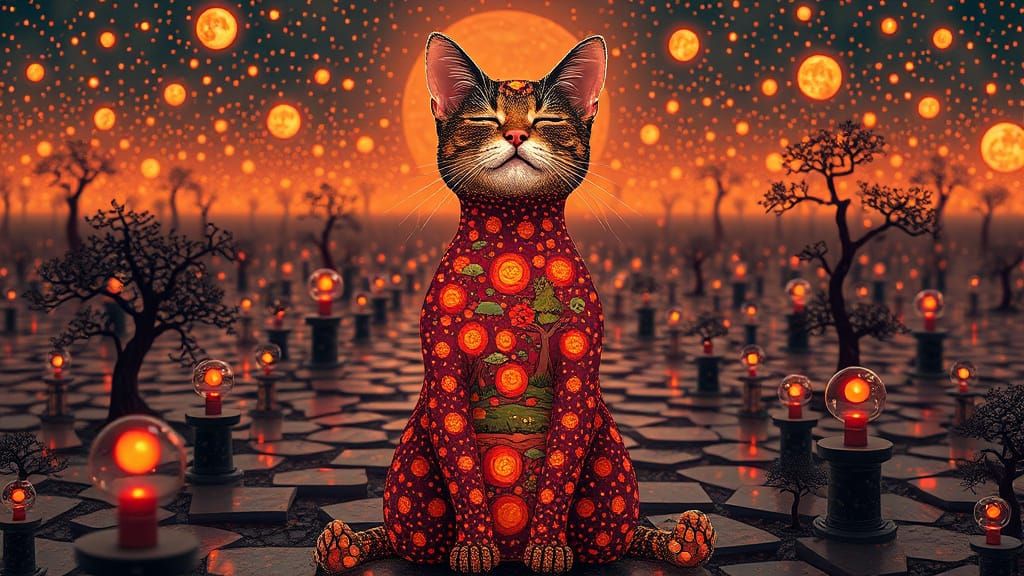 Dreamlike Feline Landscape with Glowing Ecosystems and Dots