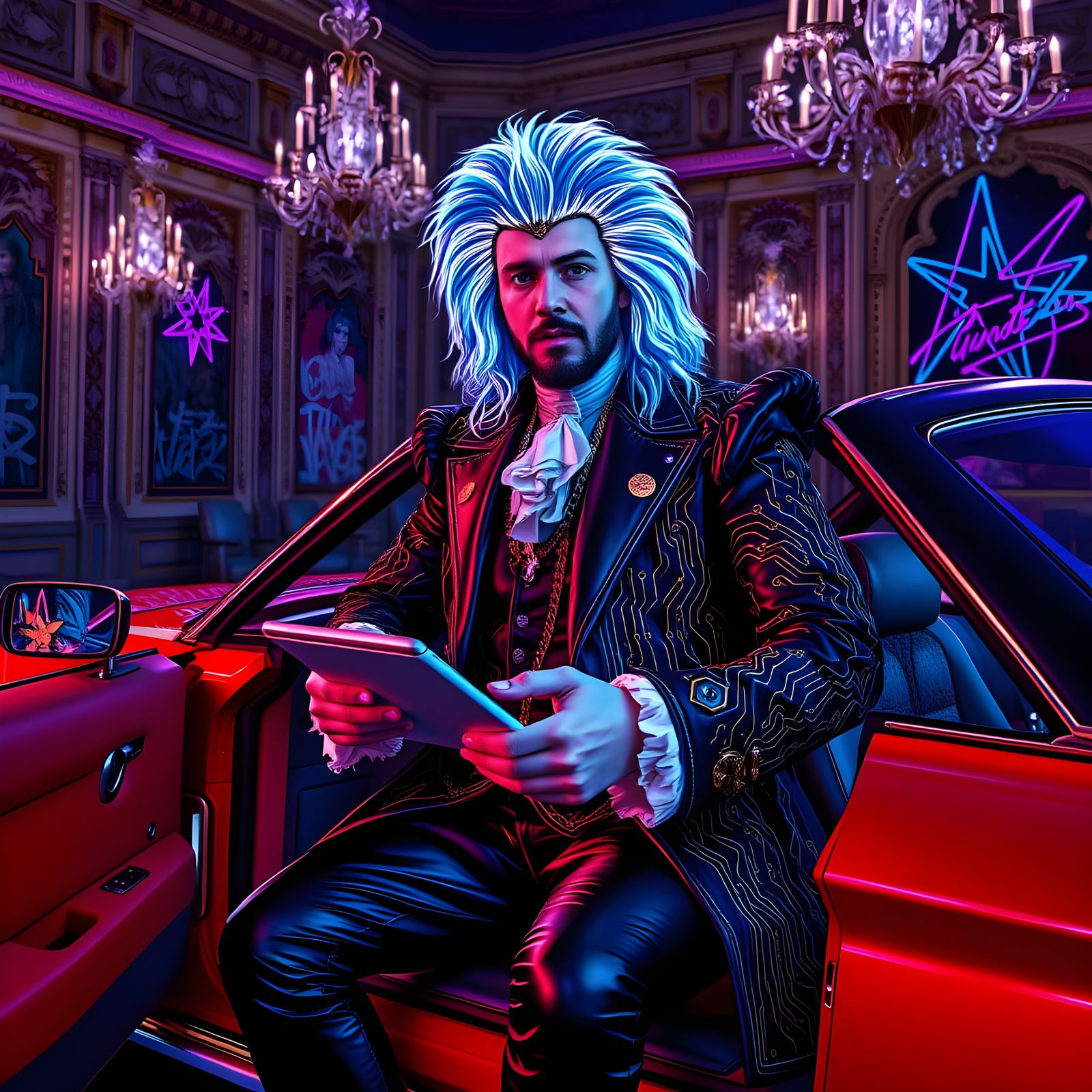 Louis XIV as Cyberpunk Hacker in Neon Versailles