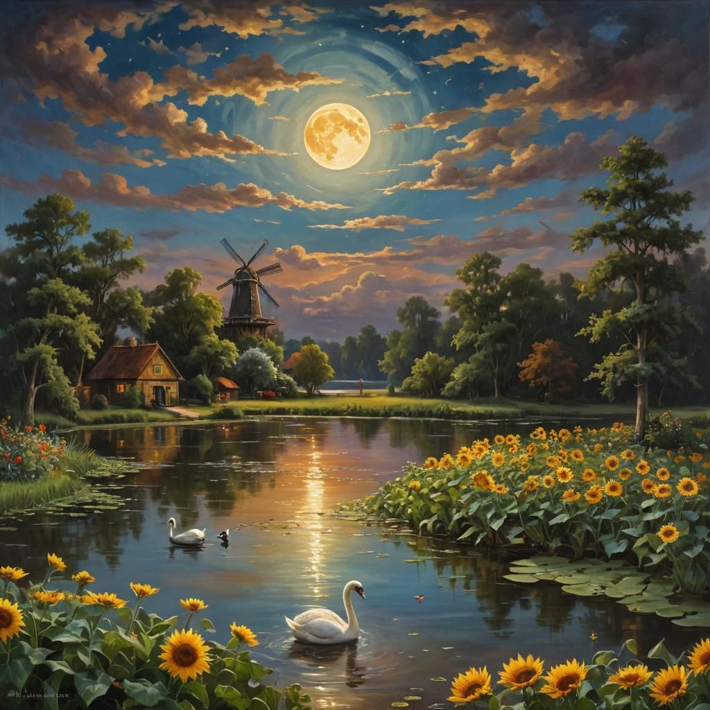 Dutch Masters Moonlit Swan Oil Painting