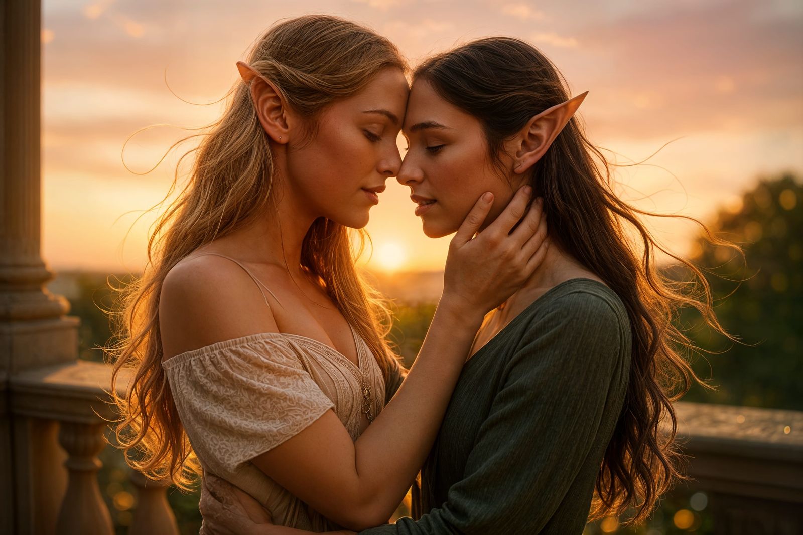 Elven Lovers in Golden Sunset Embrace