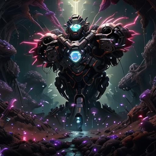 Robot Head Deconstructed in Mycelium Network, Cyberpunk Art