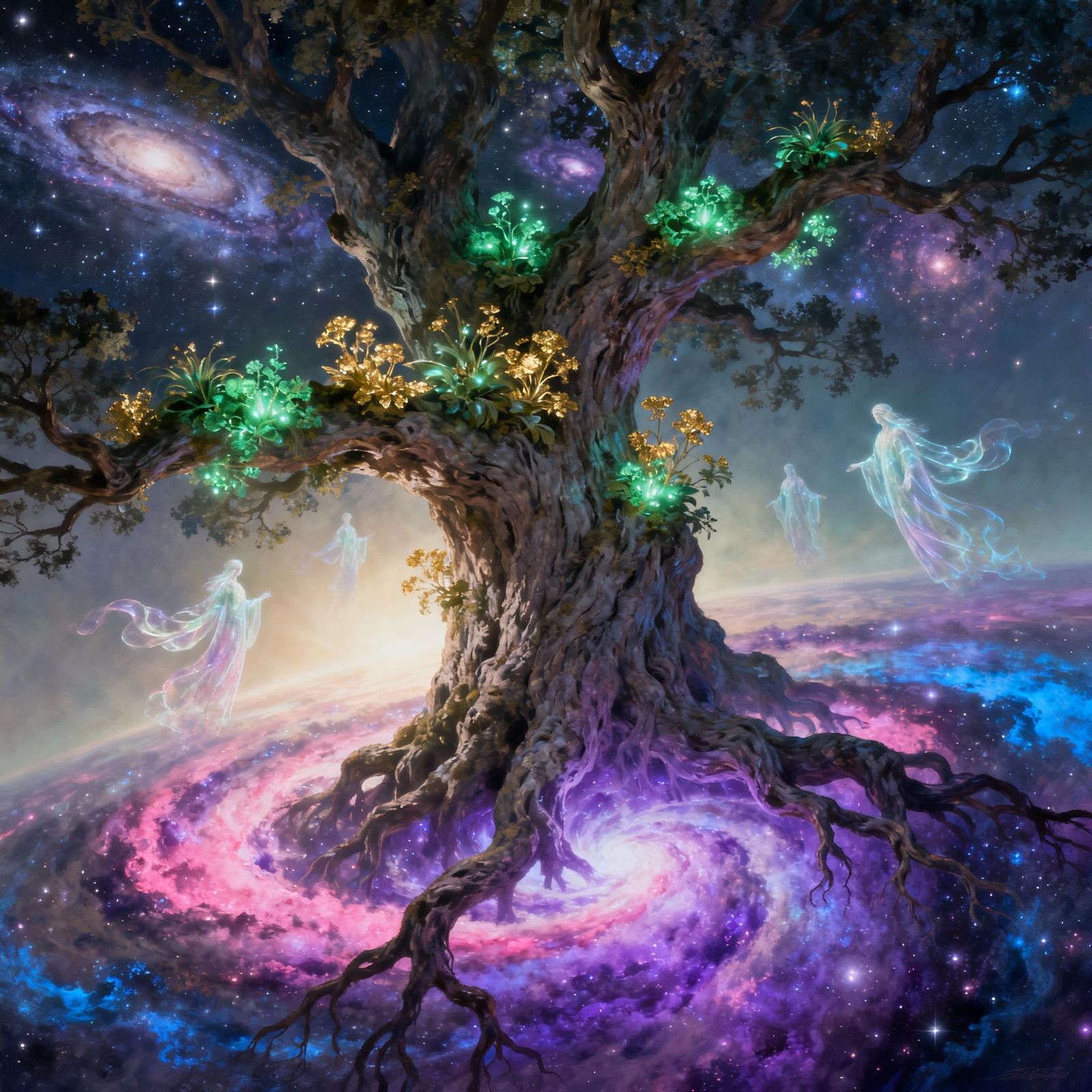 Cosmic Tree Reaching Galaxies in Hyper-Realistic Fantasy Sty...