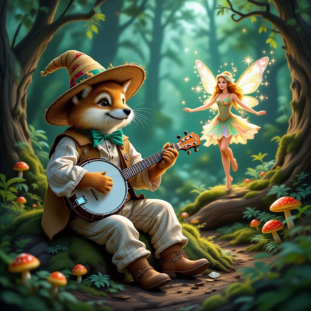 Raccoon Musician in Magical Forest with Fairy