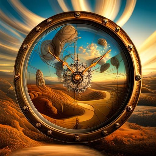 Surreal Melting Clock in Dreamlike Landscape