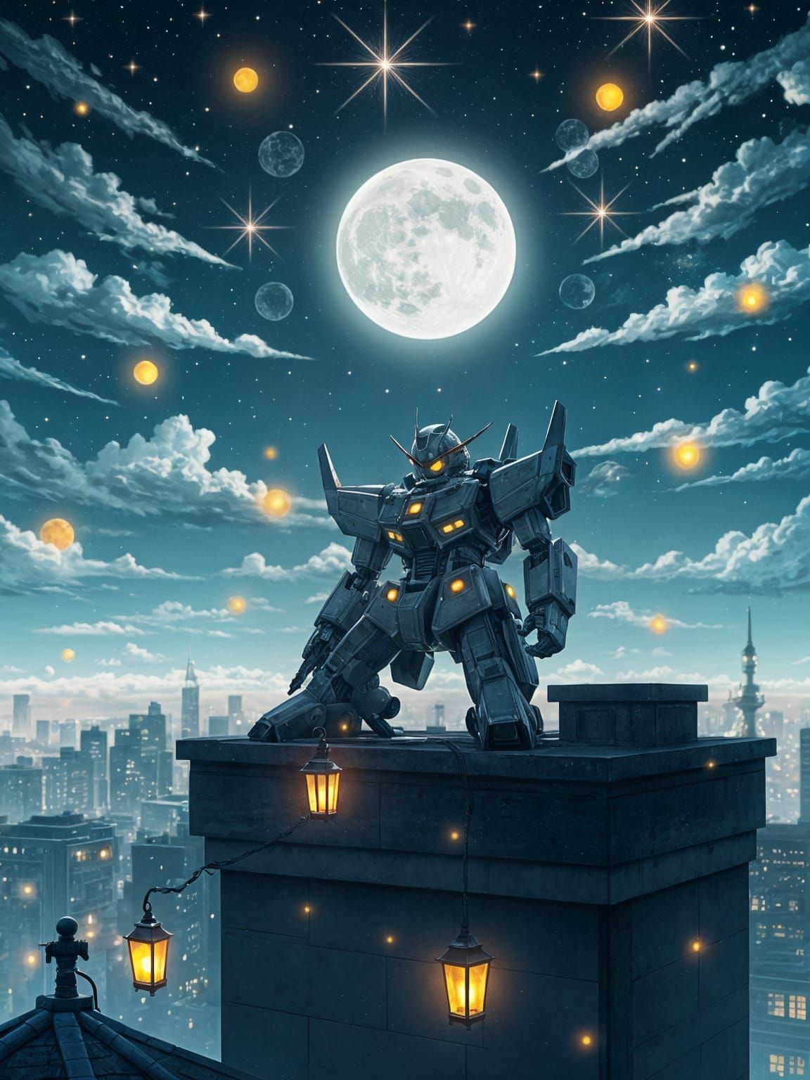 A contemplative anime-style mecha