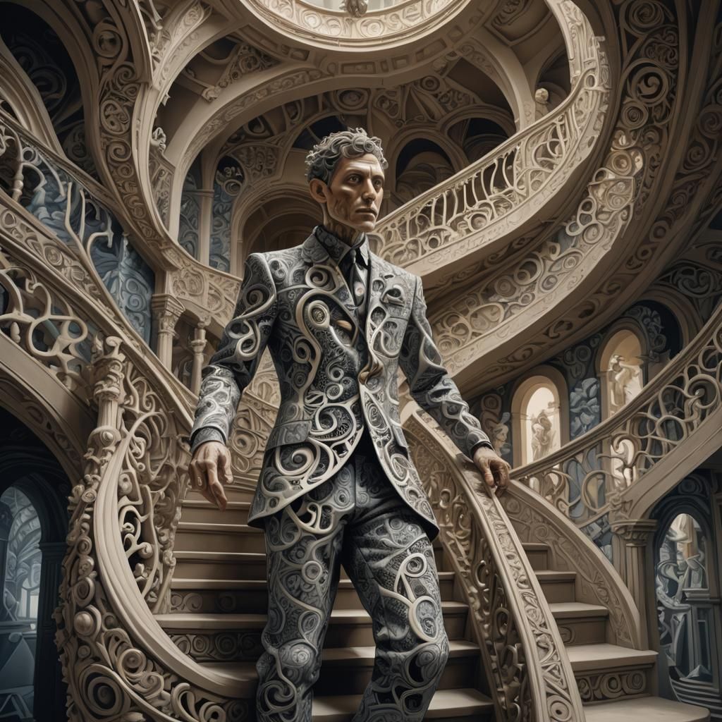 Fractal Humanoid on Infinite Staircase in Surreal Style