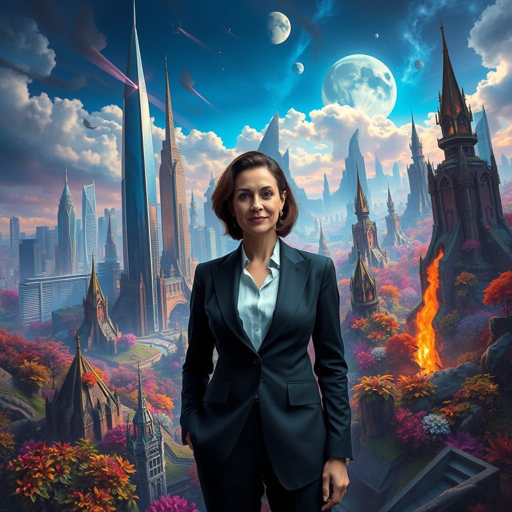 Confident Businesswoman in a Whimsical Metropolis