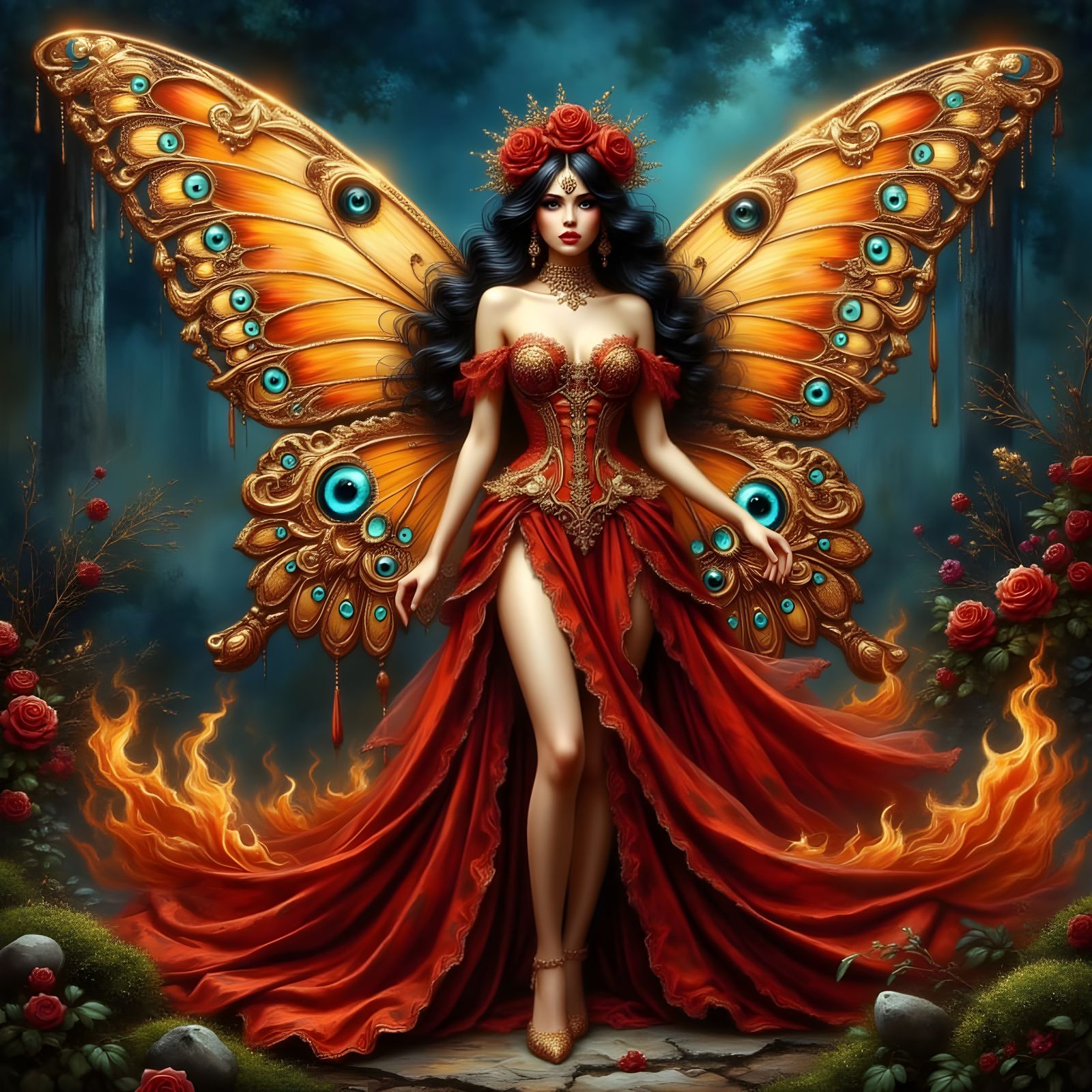 Fairy Queen with Golden Butterfly Wings in Starry Night