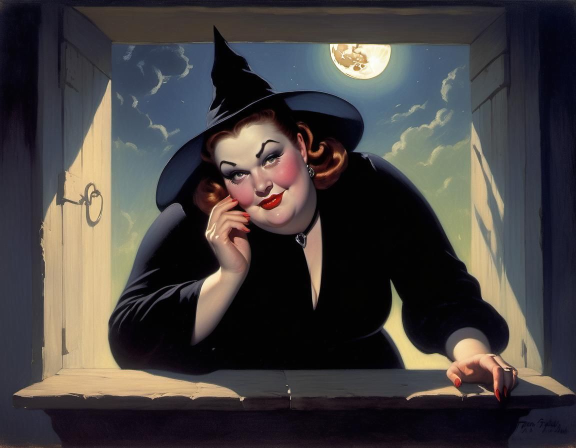 Friendly Moonlit Witch in Chiaroscuro Lighting