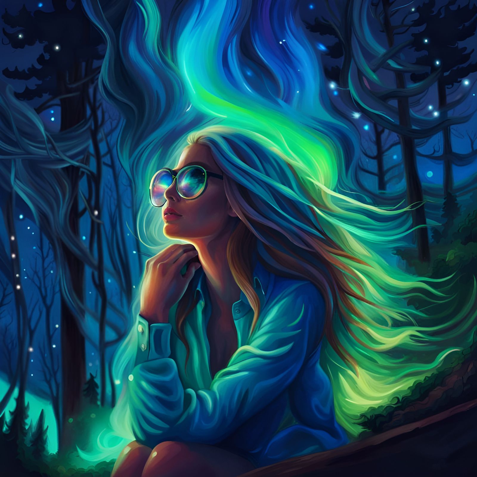 Woman's Hair Becomes Northern Lights, Oil Painting