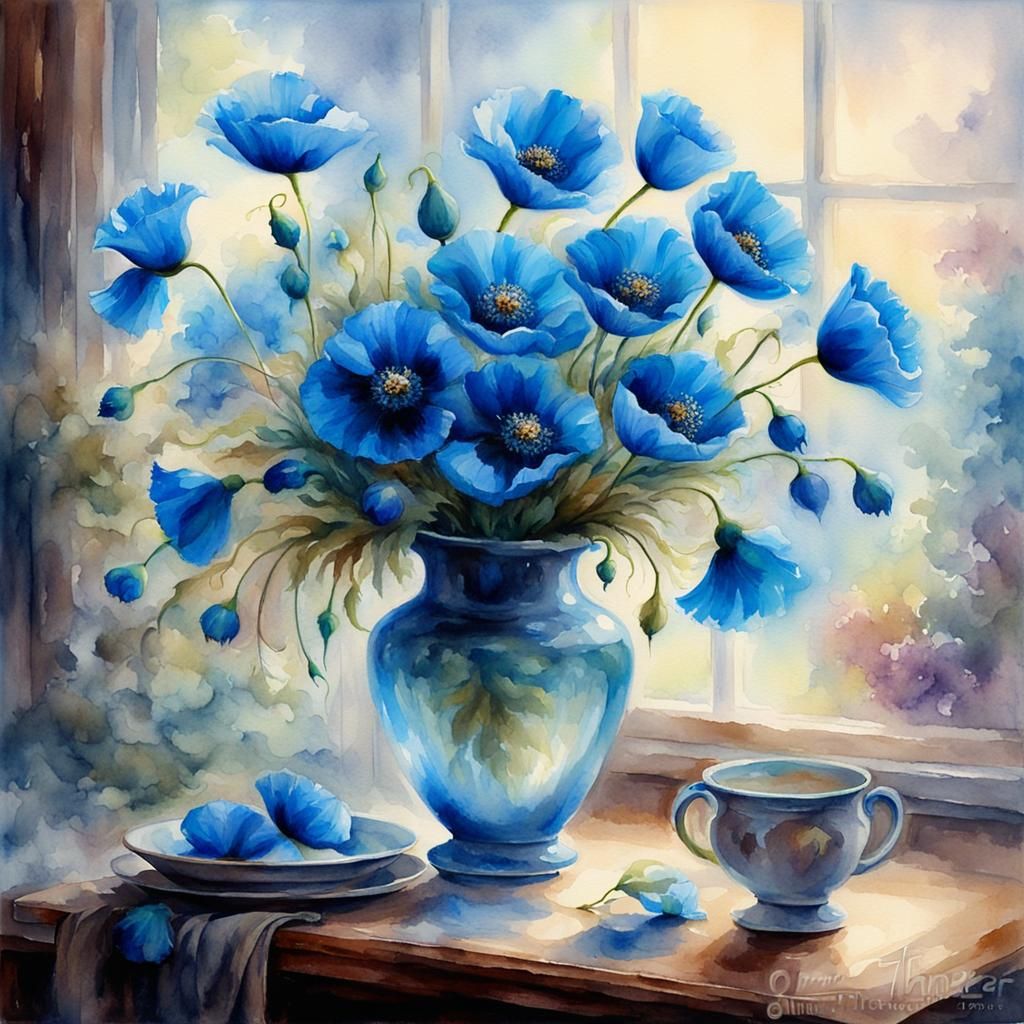 Blue Poppies Watercolor Painting in Ethereal Style