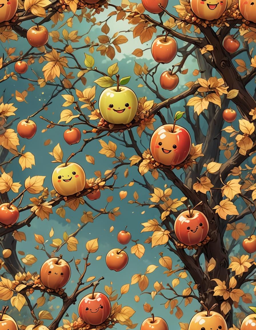 Chibi Caramel Apple in Anime Style Autumn Scene