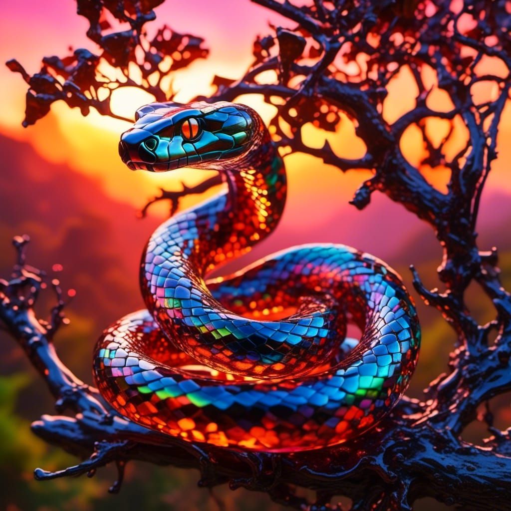 Iridescent Glass Snake on Tree Branch