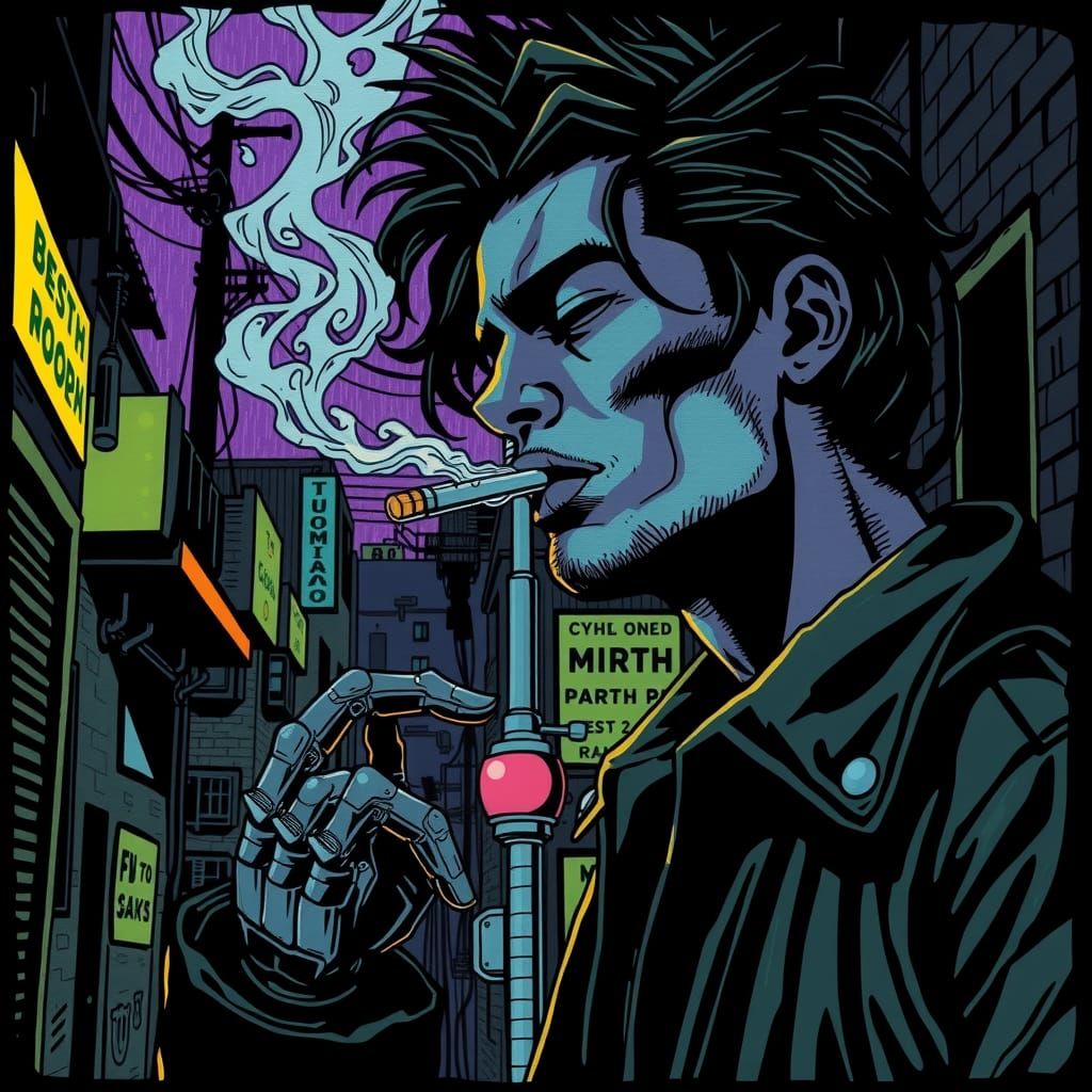 Cyberpunk Punk Smokes in Rainy Alley: Linocut Style