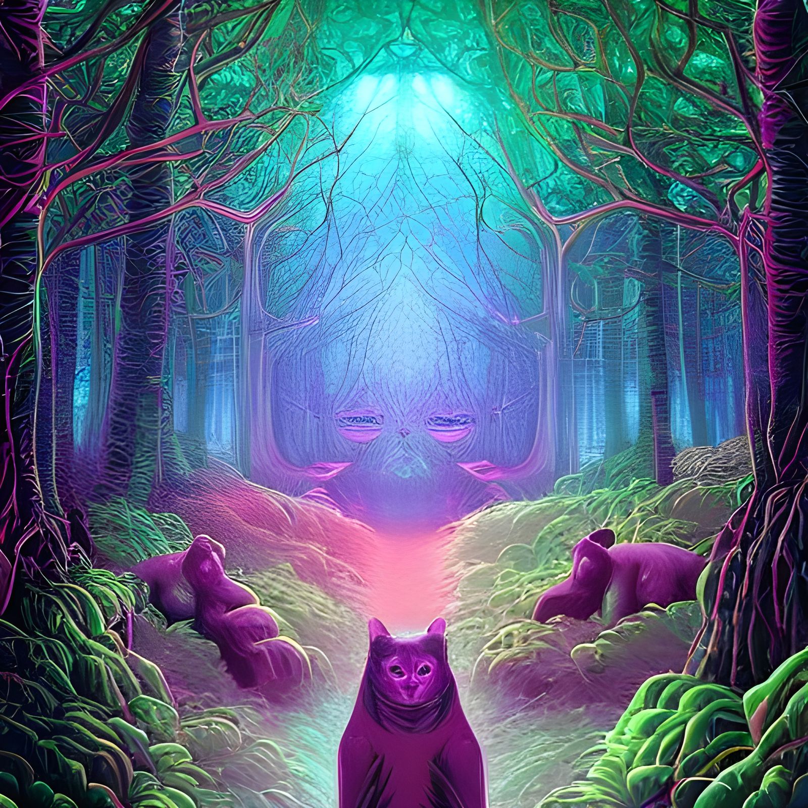 Panthers in Luminescent Holographic Forest, Digital Art