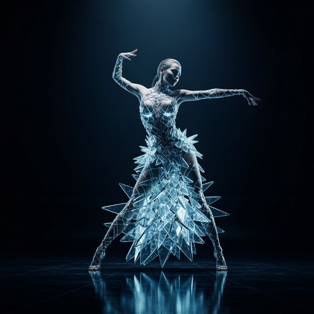 Futuristic Dancer on Obsidian Stage in Neon Cyberpunk Style